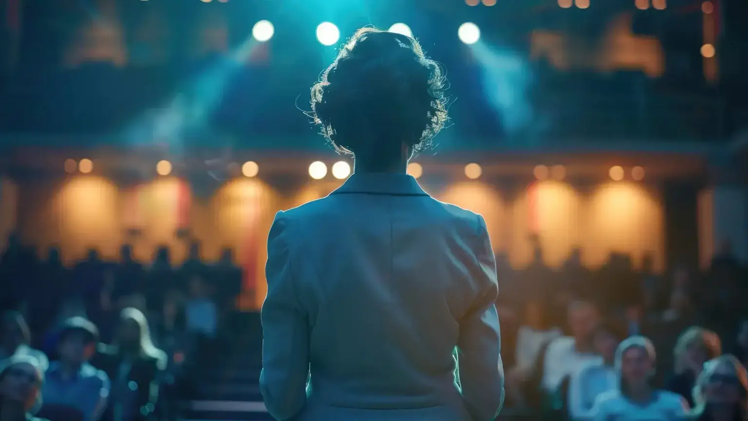 Moderator presents content on stage to a large audience